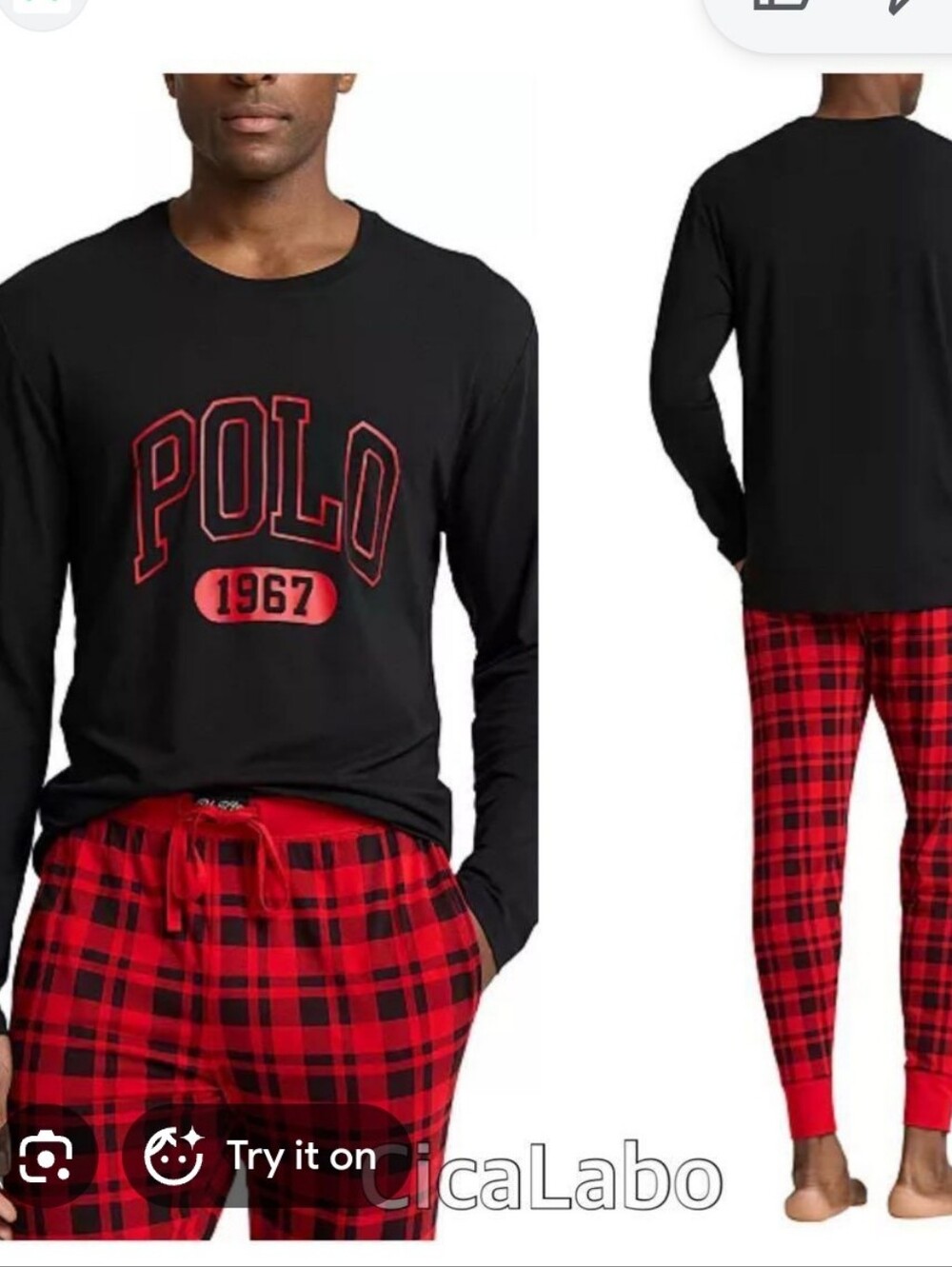 Polo by Ralph Lauren Mens Black Top with Red Logo & Red Plaid Pajama Pants Large
